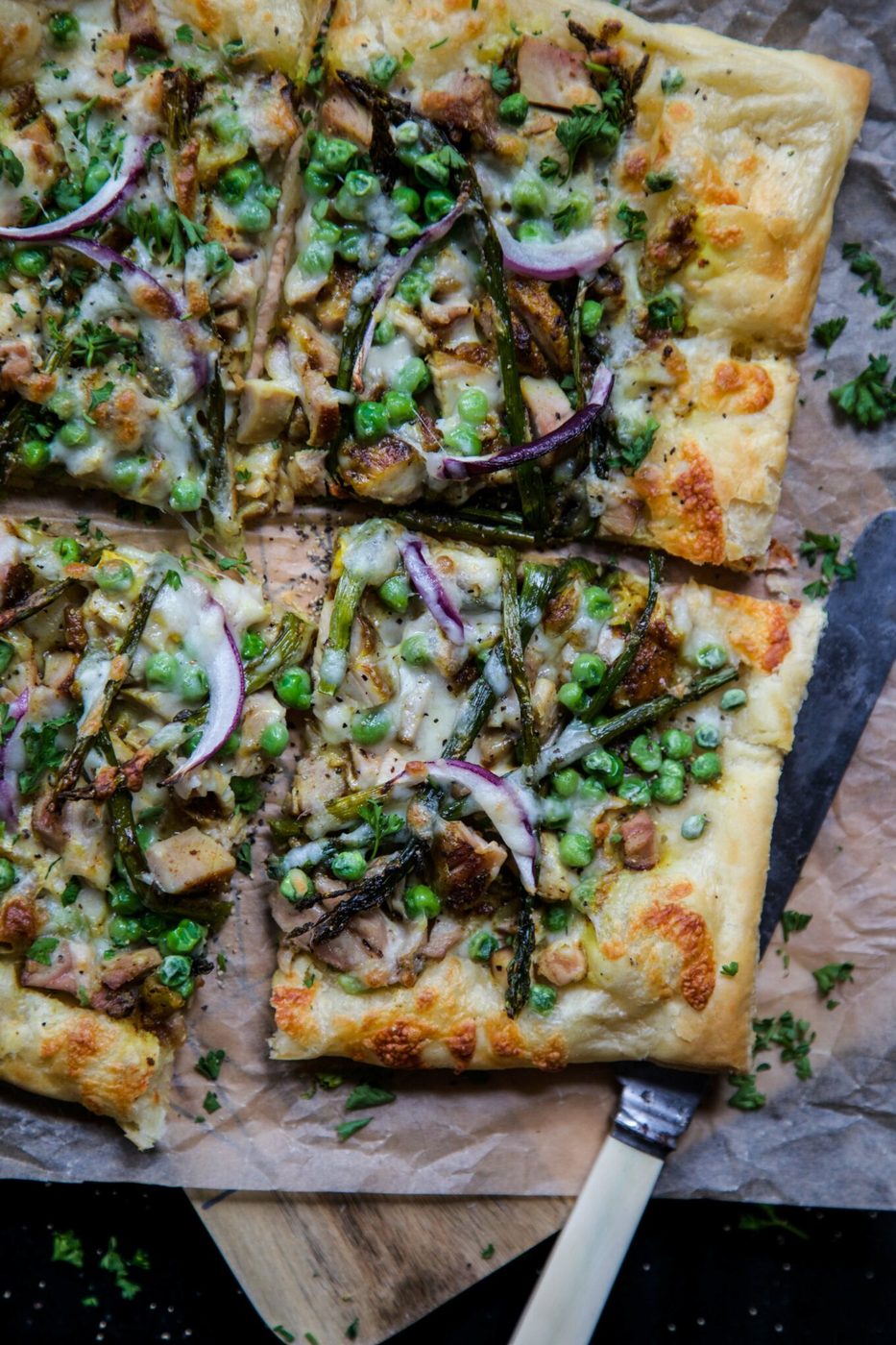 Turmeric Chicken Pizza, finished with Asparagus and Peas