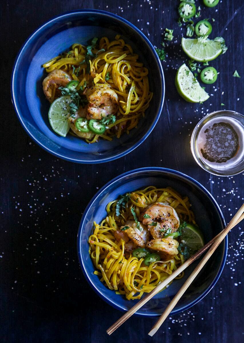Turmeric Noodle Bowls, finished with Ginger Garlic Shrimp