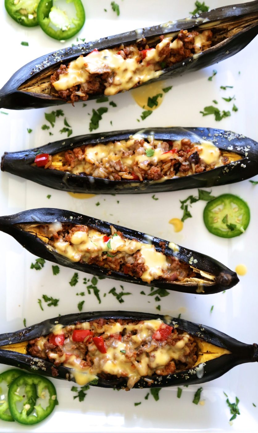 Twice baked beef & chorizo stuffed plantains, finished with kitchen-made queso