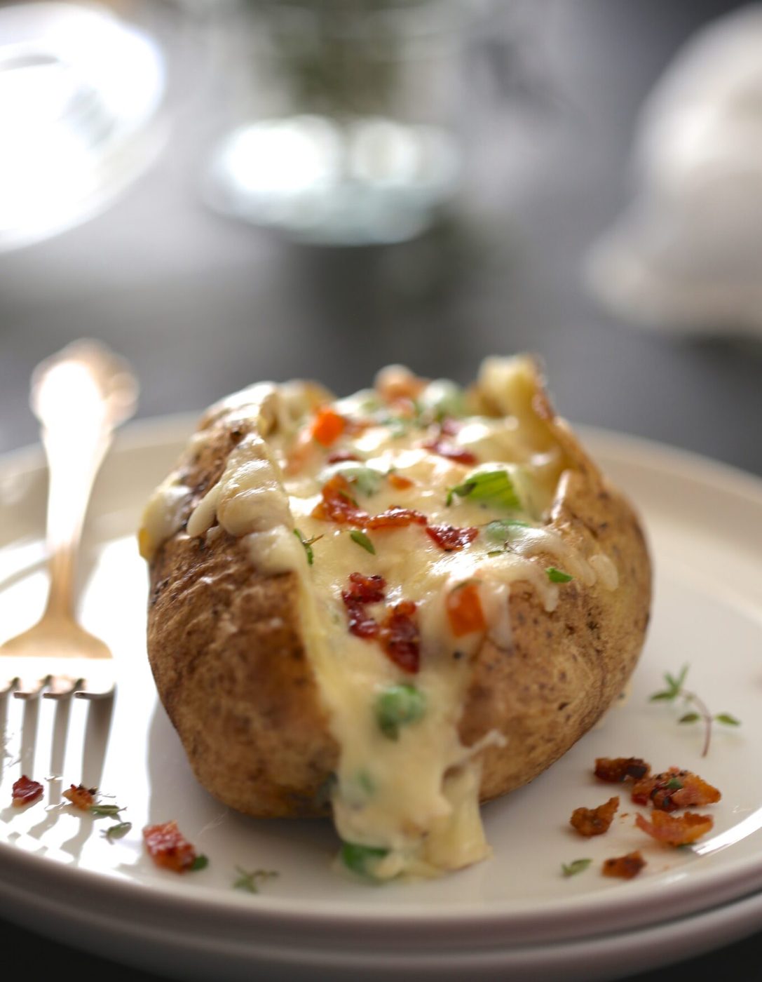 Twice baked chicken pot pie potatoes, finished with crispy bacon