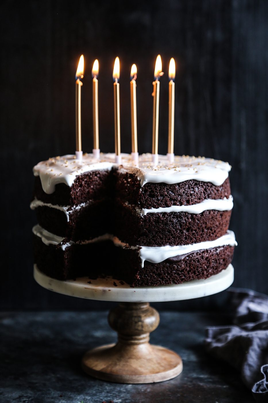 Dark Chocolate Cake, finished with Marshmallow Frosting