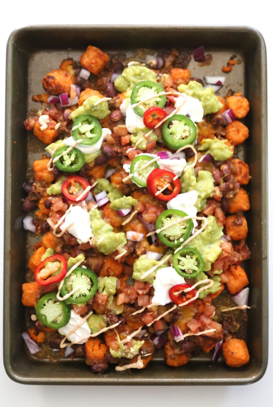 Chipotle aioli on sweet potato totchos