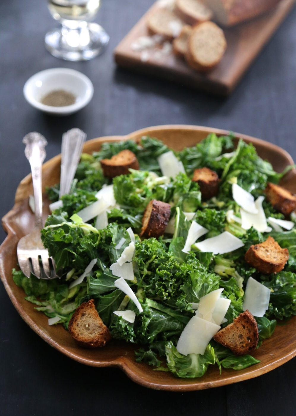 Warm brussel sprout & kale caesar salad