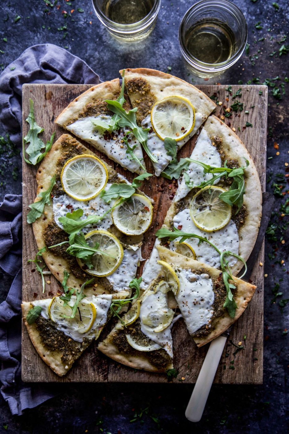 Cauliflower Crust on arugula and Meyer Lemon Pizza
