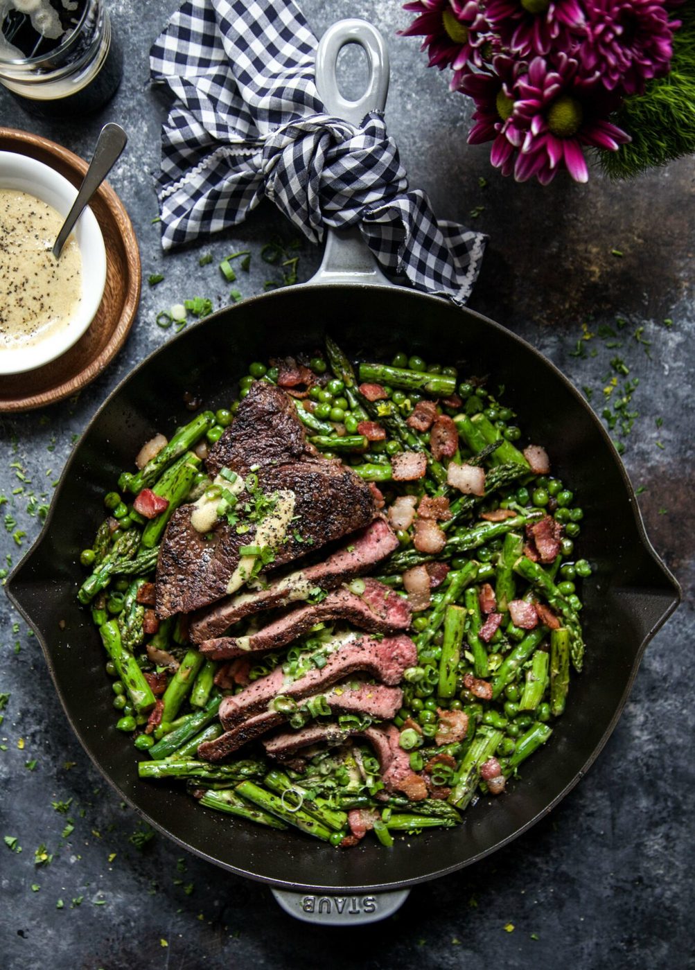 Bacon & Spring Vegetables on one Skillet Coffee Rubbed Steak
