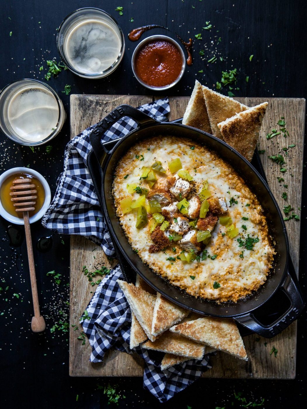 Hot Chicken Dip, finished with Honey Toasts
