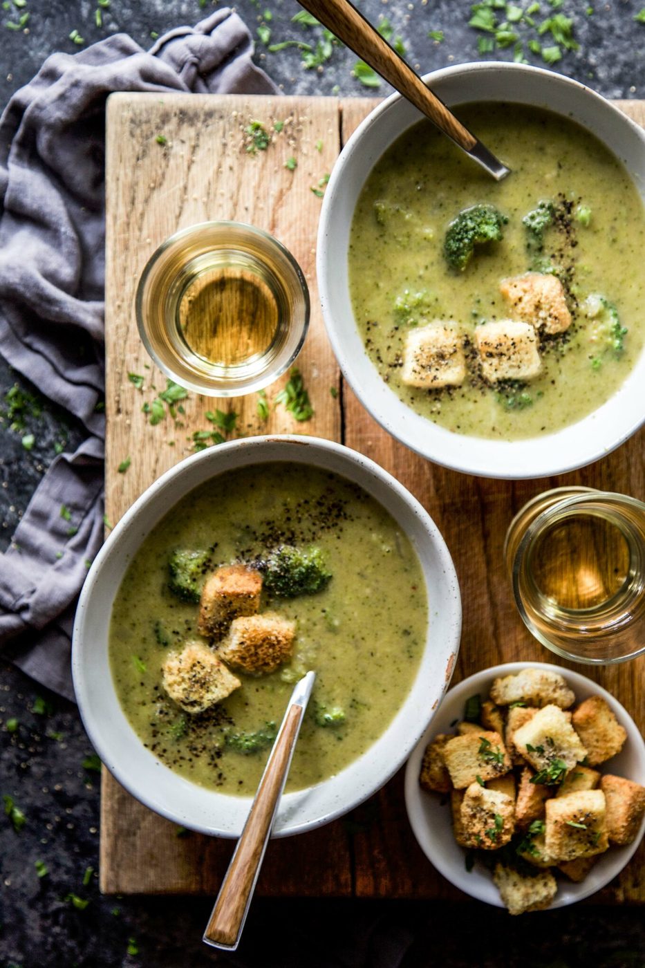 Smoked Gouda Broccoli Soup, finished with Garlic Cheese Croutons