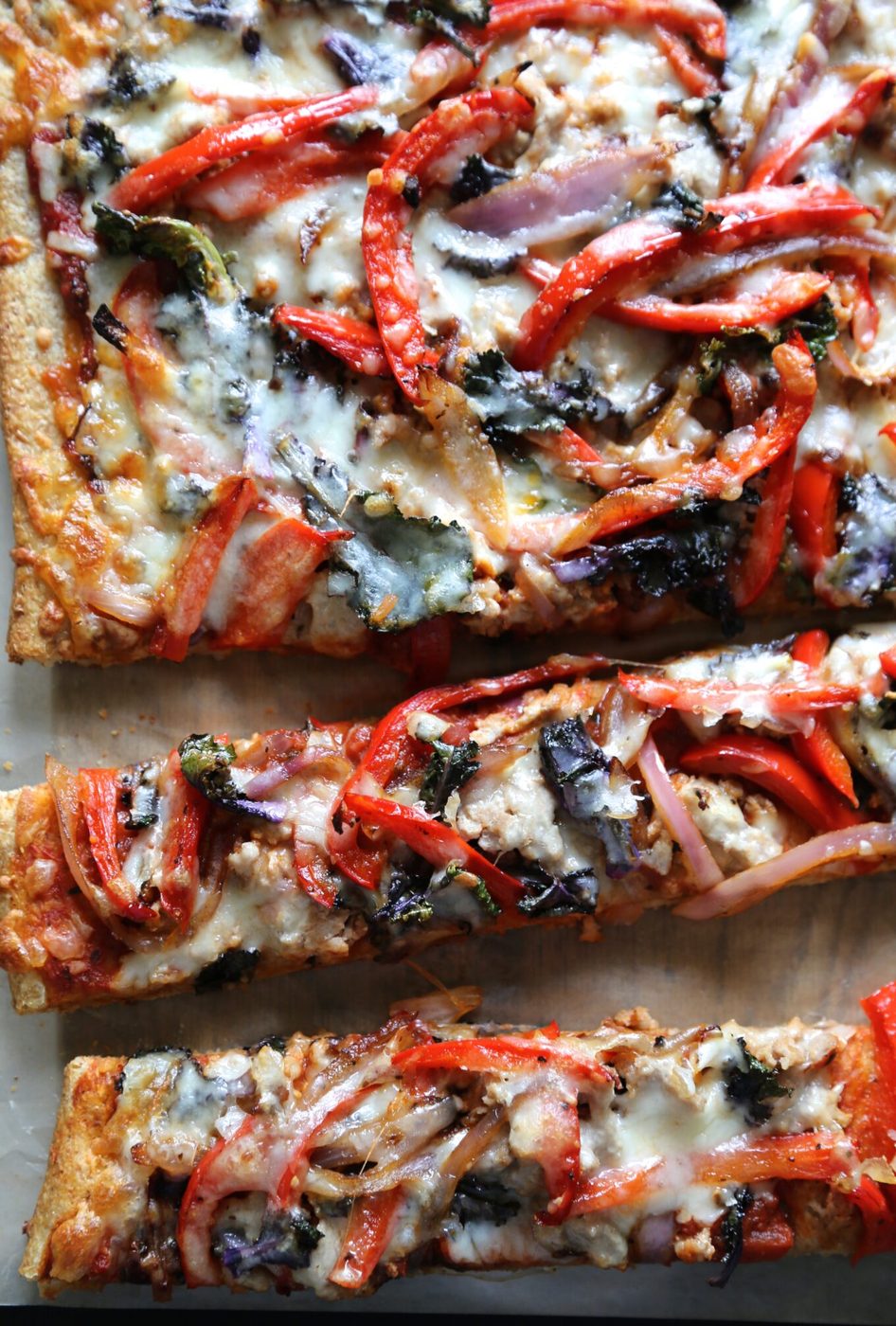 Grilled chicken on whole grain roasted kalette pizza