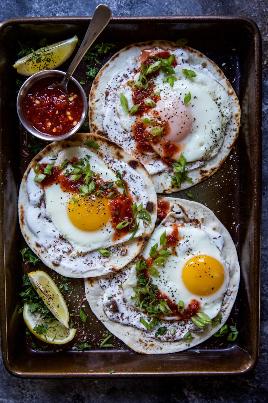 Chile Sauce on za’atar Fried Egg Tacos