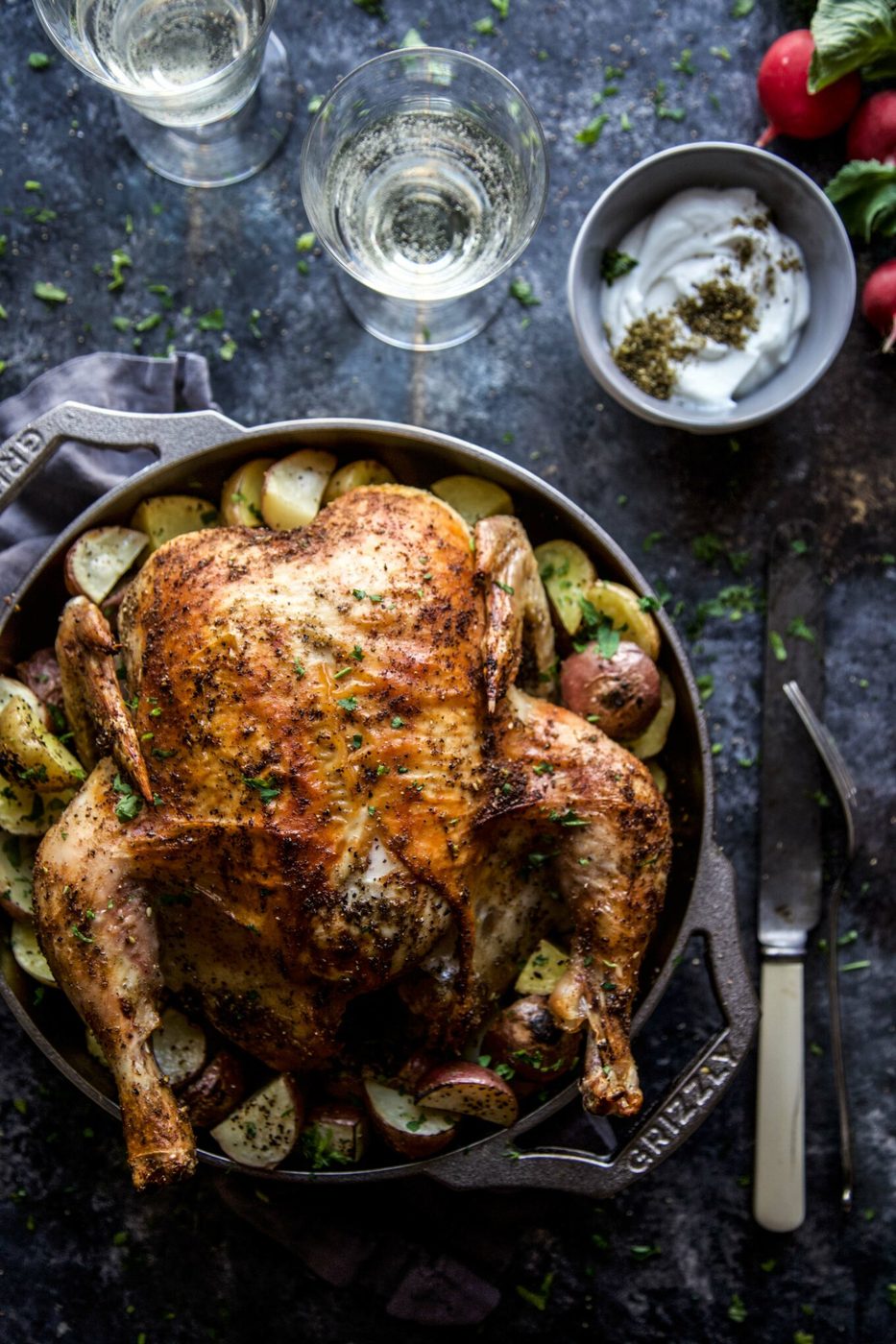 Za’atar Roasted Chicken and Potatoes, finished with Spiced Labneh