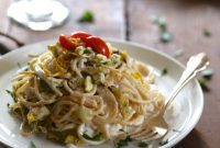 Creamy Greek Yogurt Spaghetti with Roasted Brussels Sprouts