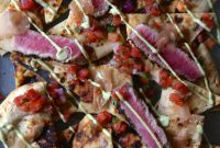 Sesame-Seared Ahi Tuna Naan Nachos with Wasabi-Avocado Cream and Pickled Ginger