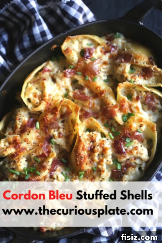 Cordon Bleu Shells with Prosciutto Crunch 3 Baked Cordon Bleu Stuffed Shells, ready to serve from a pan