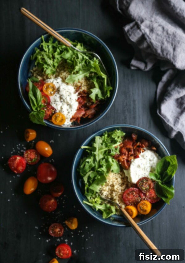 Another beautiful angle of the Caprese BLT Bowl, ready to be enjoyed