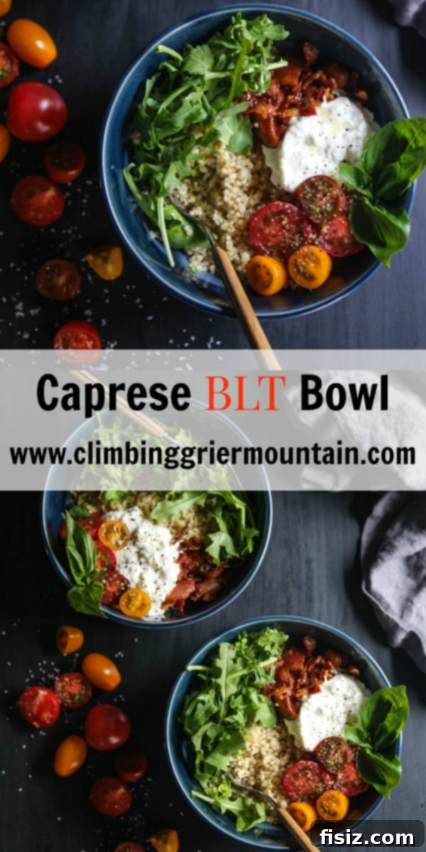 Close-up of the delicious Caprese BLT Bowl with a focus on its fresh ingredients and dressing