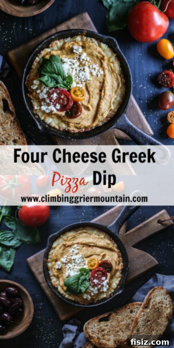 Four Cheese Greek Pizza Dip ready for serving with crostini