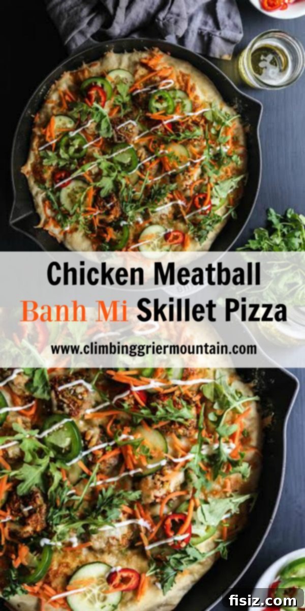 A final, mouth-watering shot of the Chicken Meatball Banh Mi Skillet Pizza.
