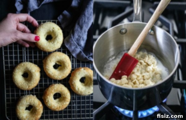 Baked White Chocolate Doughnuts with Peanut Butter Crumble 3 Close-up of golden brown baked doughnuts, signifying comfort and indulgence