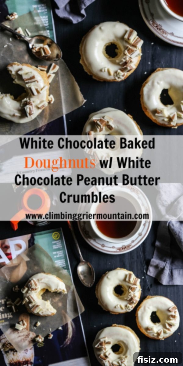 Baked White Chocolate Doughnuts with Peanut Butter Crumble 7 Artfully arranged White Chocolate Baked Doughnuts with a sprinkle of White Chocolate Peanut Butter Crumbles, perfect for breakfast or dessert