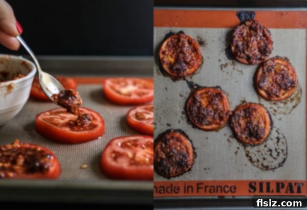Thai Roasted Tomato Guacamole Toast 3 Freshly roasted Thai tomatoes, ready for assembly on toast.