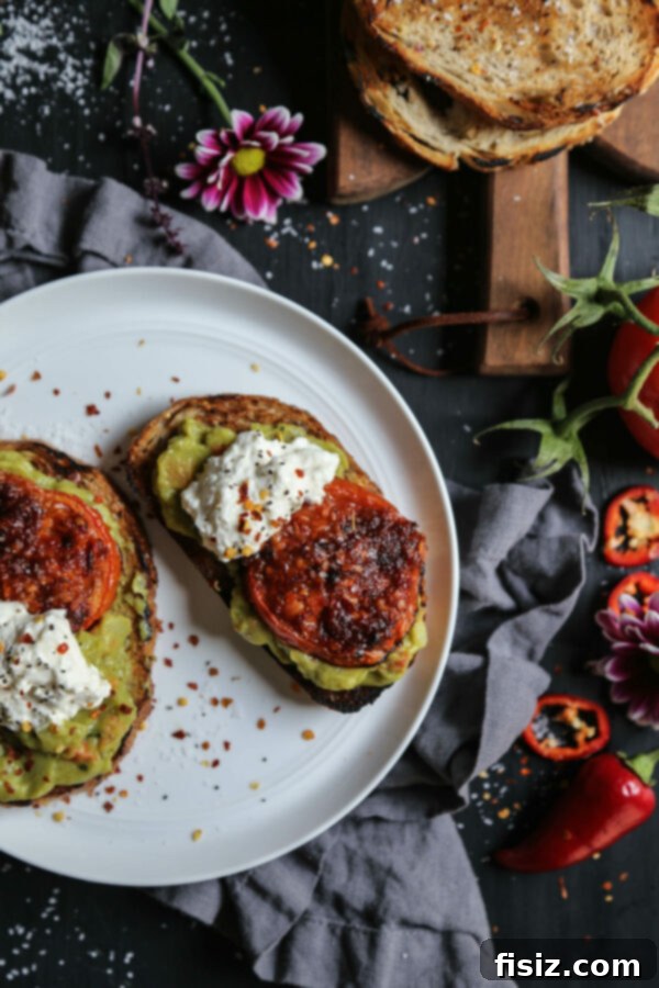 Thai Roasted Tomato Guacamole Toast 5 Easy Guacamole Toast with Thai Roasted Tomatoes - A healthy and delicious snack or breakfast.