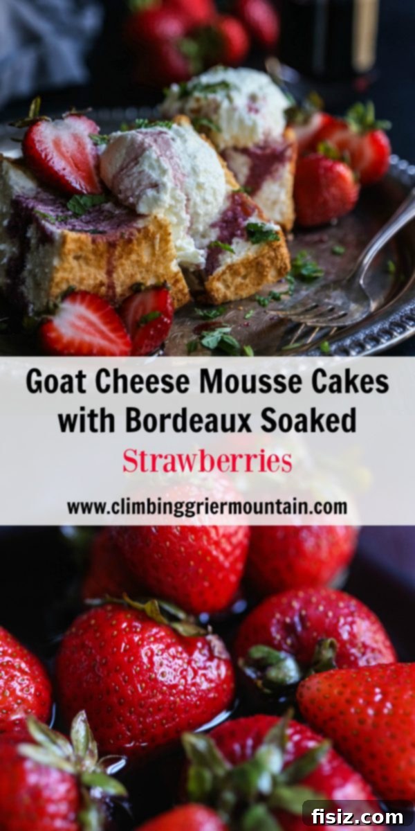 Bordeaux Berry Chèvre Mousse 8 Close-up of a single serving of Goat Cheese Mousse Cake with Bordeaux Soaked Strawberries, ready to eat