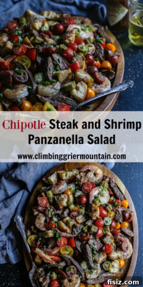 Southwestern Chipotle Steak and Shrimp Panzanella 7 Close-up of Chipotle Steak and Shrimp Panzanella Salad with Dressing