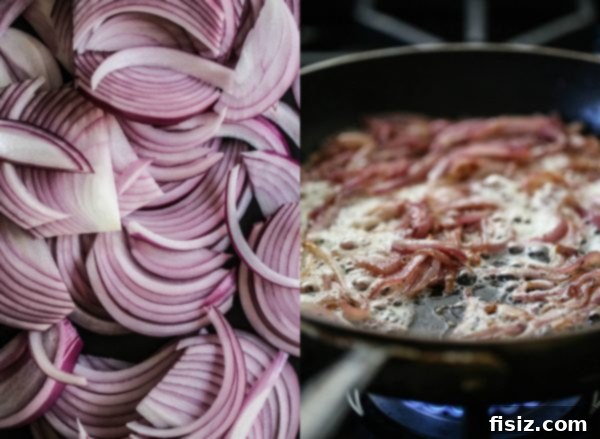Freshly sliced red onions, a key ingredient for delicious caramelized onions on our Colorado Western Pizza, adding sweet and savory depth.