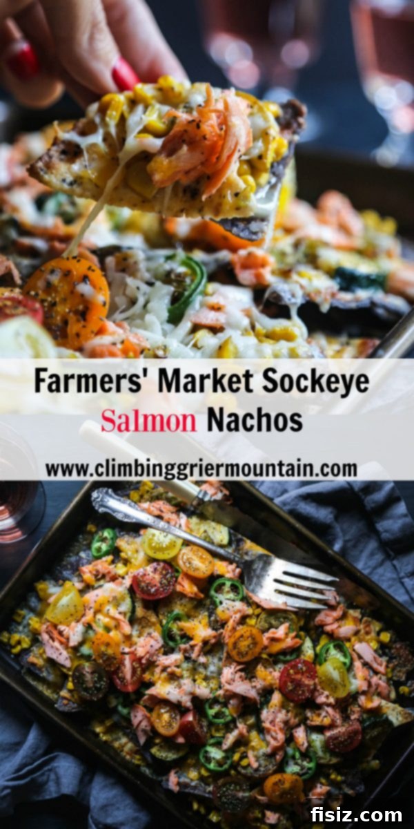 Market Fresh Sockeye Salmon Nachos 16 An overhead shot of Farmers Market Sockeye Salmon Nachos, emphasizing the fresh ingredients and vibrant colors.