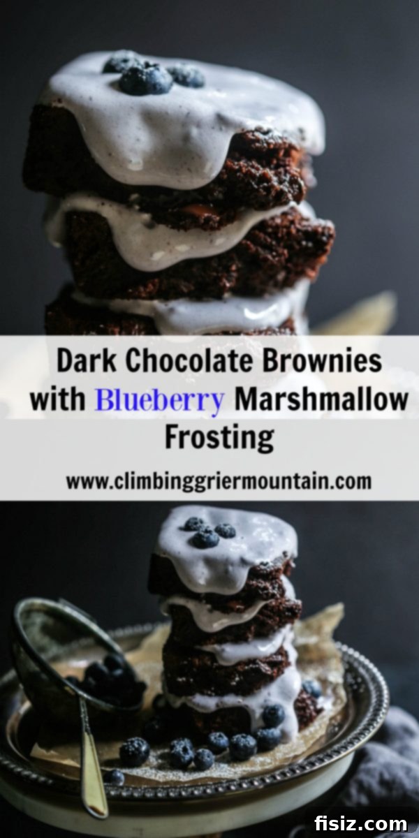Decadent Dark Chocolate Brownies with Pillowy Blueberry Marshmallow Frosting 7 Stacked Dark Chocolate Brownies with Blueberry Marshmallow Frosting close-up
