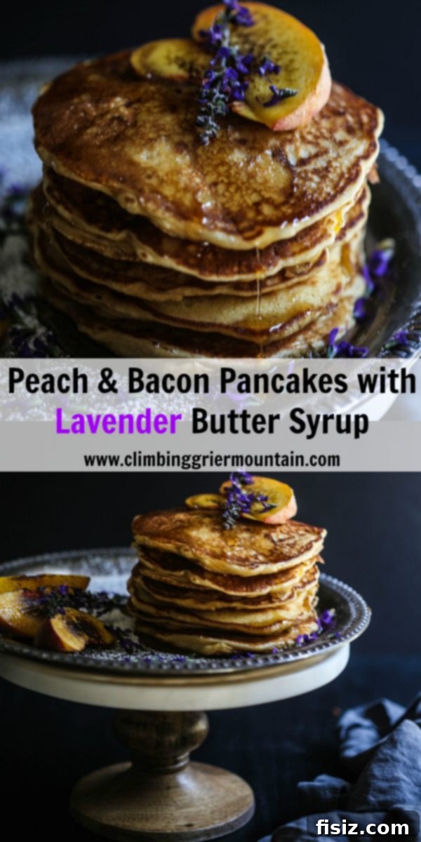 Decadent Peach and Bacon Pancakes with Lavender Butter Syrup 8 A beautifully styled plate of Peach and Bacon Pancakes with lavender butter syrup, ready to be enjoyed.