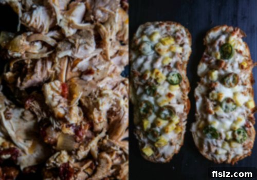 Tropical Pineapple Chicken French Bread with Rum Cheese Sauce 4 Tender slow-cooked pineapple chicken, ready for assembly into a French bread appetizer