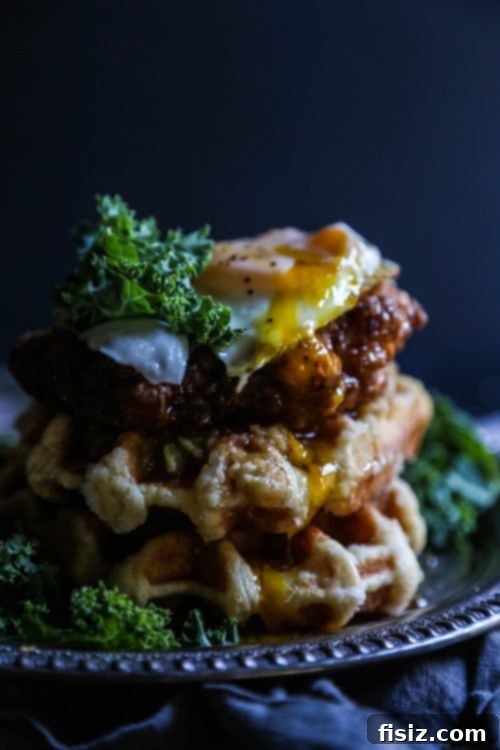 Crispy Chicken Waffles, Sweet Apple Butter, Fresh Kale Slaw 6 Final plated Fried Chicken and Waffles with Apple Butter & Kale Slaw