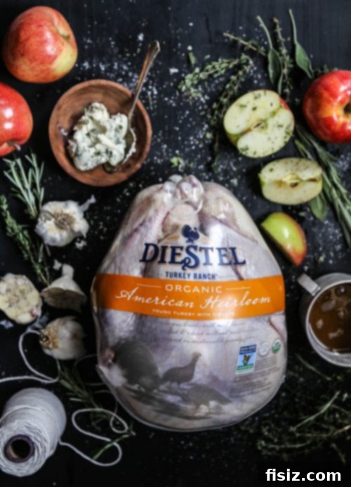 Golden Apple Cider Turkey with Aromatic Herb Butter 3 Ingredients for herbed butter and turkey stuffing, including fresh herbs, apples, and onions