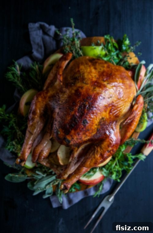 Golden Apple Cider Turkey with Aromatic Herb Butter 5 Diestel turkey with a beautiful golden skin, resting in a roasting pan