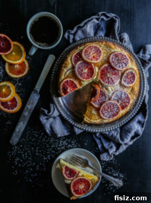 Mediterranean Blood Orange Ricotta Cake 2 Blood Orange Ricotta Cake with fresh slices and a dusting of powdered sugar, perfect for winter dessert.