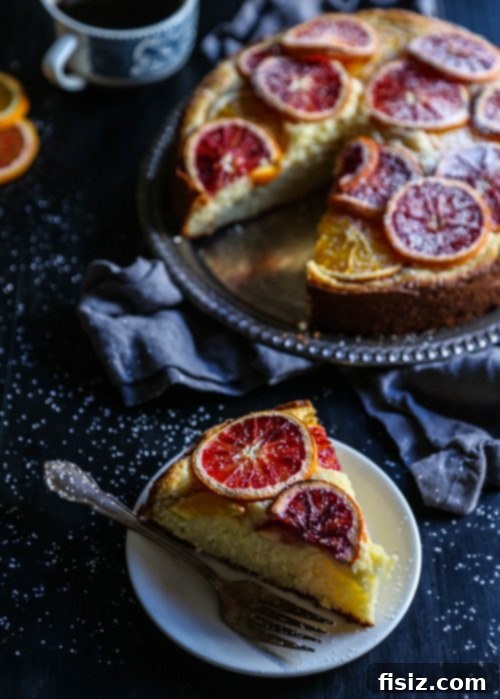 Mediterranean Blood Orange Ricotta Cake 4 Overhead view of a beautiful Blood Orange Ricotta Cake, garnished with powdered sugar, ready to be sliced.