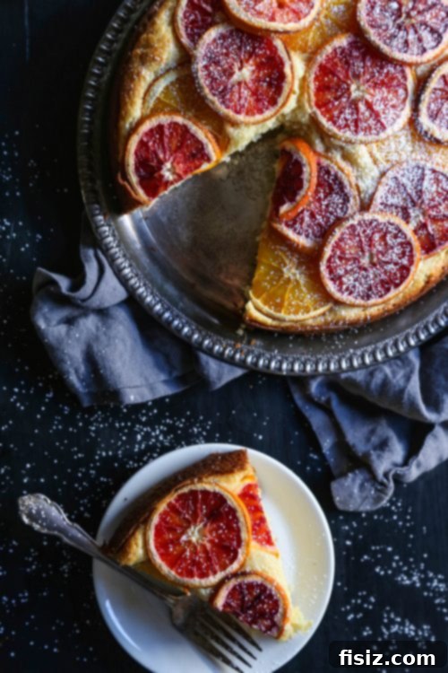 Mediterranean Blood Orange Ricotta Cake 5 A beautiful slice of Blood Orange Ricotta Cake, dusted with powdered sugar, on a white plate with a fork.