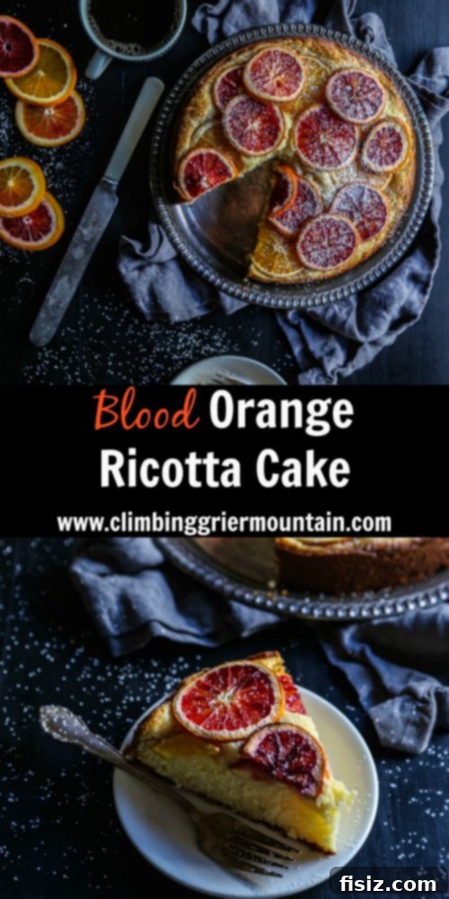 Mediterranean Blood Orange Ricotta Cake 7 Whole Blood Orange Ricotta Cake on a decorative cake stand, glistening with a powdered sugar dusting.
