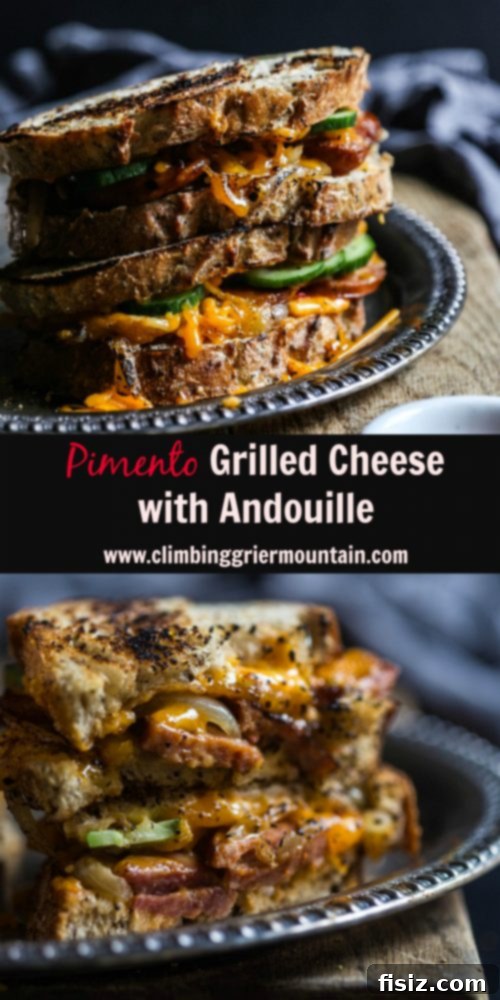 Spicy Andouille and Pimento Grilled Cheese 7 A stack of Pimento Grilled Cheese with Andouille sandwiches, garnished with pickles