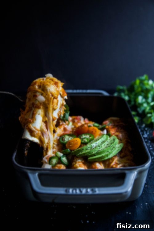 Spicy Chicken Chorizo and Jalapeño Breakfast Enchiladas 5 A beautifully plated serving of Chicken Chorizo & Jalapeño Breakfast Enchiladas, garnished with fresh cilantro and pico de gallo, ready to eat.
