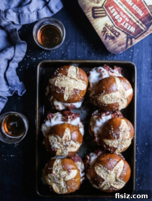 Close-up of fluffy pretzel buns, perfect for pulled pork sliders
