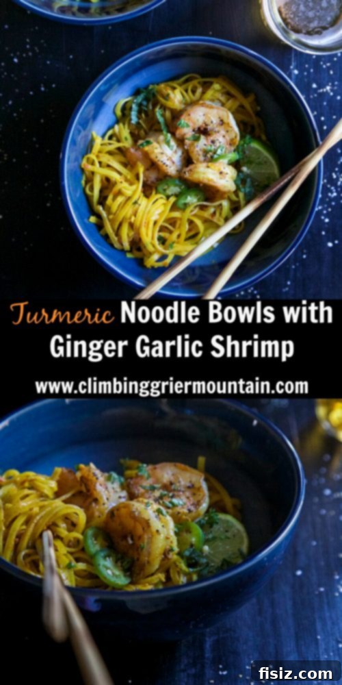 Aromatic Ginger-Garlic Shrimp and Turmeric Noodles 7 Delicious Turmeric Noodle Bowls with Ginger Garlic Shrimp served in a bowl