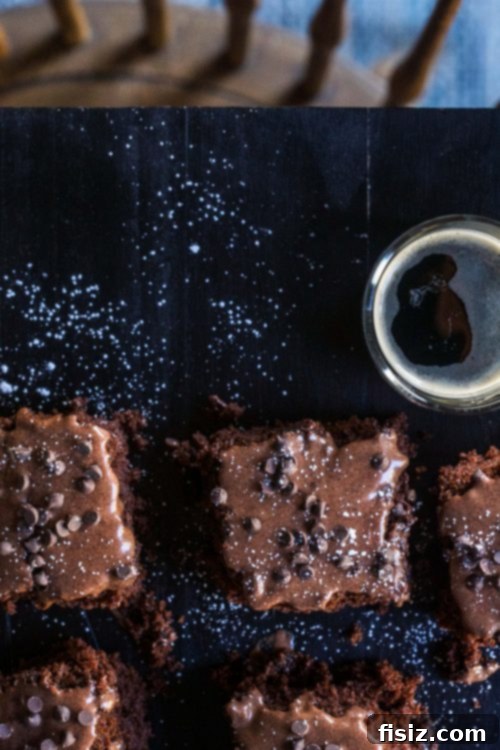 Rich Chocolate Treat with Stout-Spiked Ganache 6 Chocolate Snack Cake with Guinness Ganache Frosting, topped with mini chocolate chips