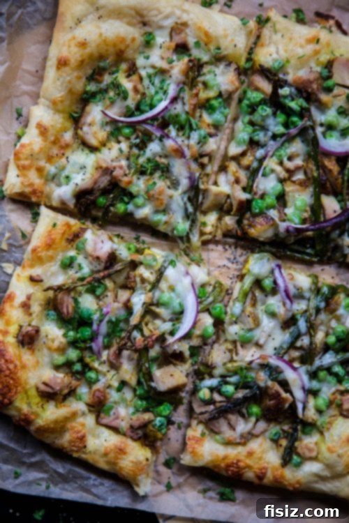Golden Turmeric Chicken Pizza with Asparagus and Sweet Peas 5 Finished Turmeric Chicken Pizza sliced and ready to serve