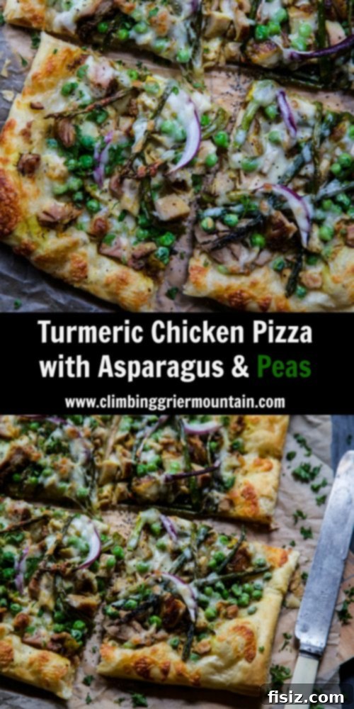 Golden Turmeric Chicken Pizza with Asparagus and Sweet Peas 6 A slice of Turmeric Chicken Pizza with Asparagus and Peas, ready to eat and showcasing the flaky crust