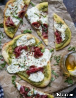 Creamy Avocado Pesto Flatbread with Soppressata and Melted Mozzarella 7 Final Mozzarella and Soppressata Flatbread with Avocado Pesto ready to serve