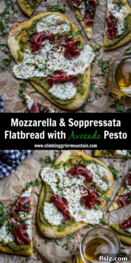 Creamy Avocado Pesto Flatbread with Soppressata and Melted Mozzarella 8 Assortment of Mozzarella and Soppressata Flatbreads with Avocado Pesto, garnished with fresh basil