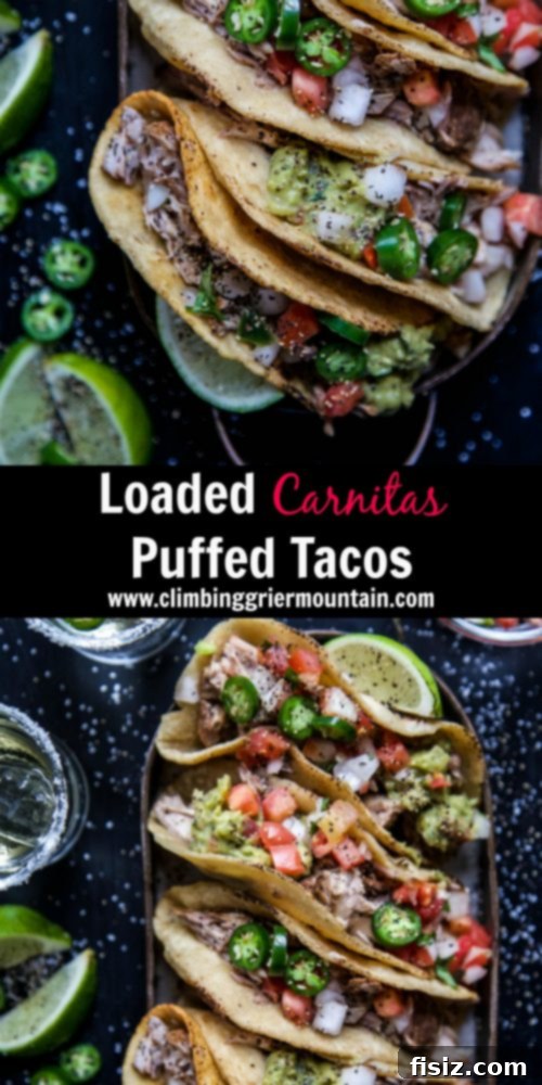 A vibrant platter of Loaded Carnitas Puffed Tacos garnished with fresh toppings and ready to serve