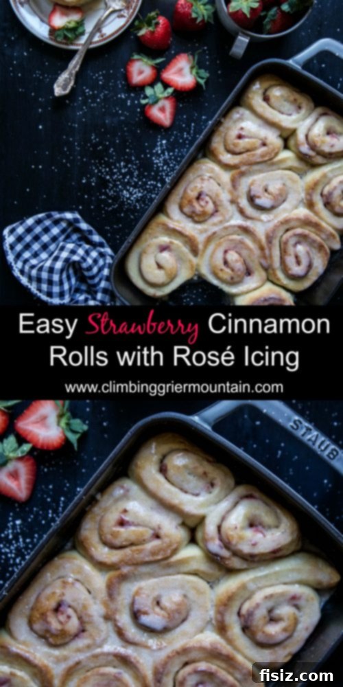 Close-up of a Strawberry Cinnamon Roll with Rosé Icing